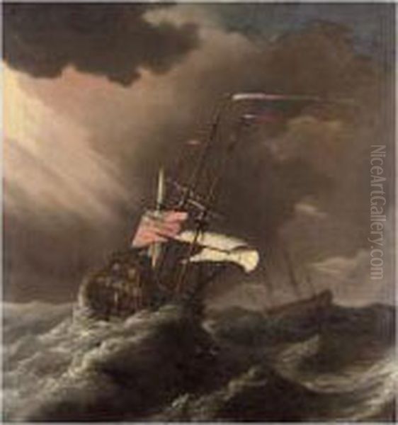 A British Man-o'-war In Heavy Seas Oil Painting by Joris van der Haagen or Hagen