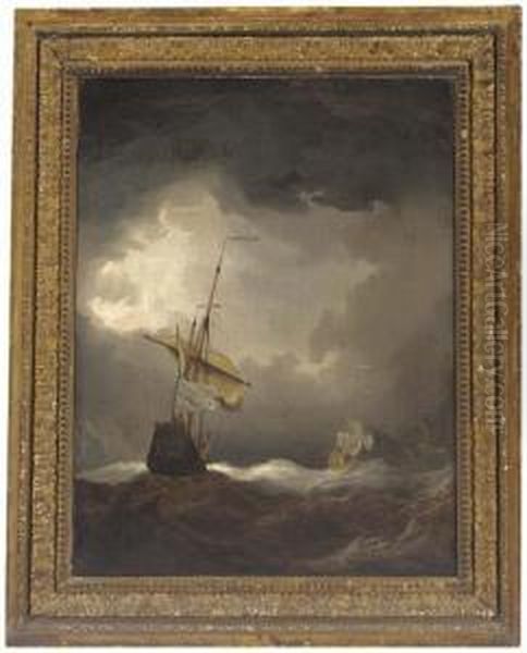 French And British Men-o'war In A Swell After Dark Oil Painting by Joris van der Haagen or Hagen