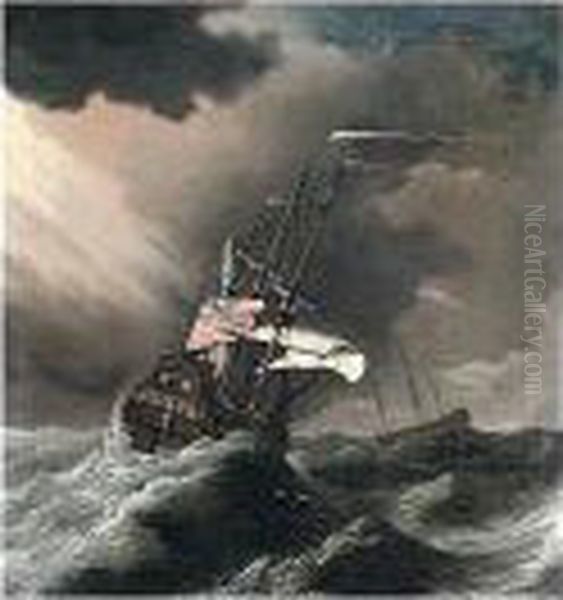 A British Man Of War In Heavy Seas Oil Painting by Joris van der Haagen or Hagen