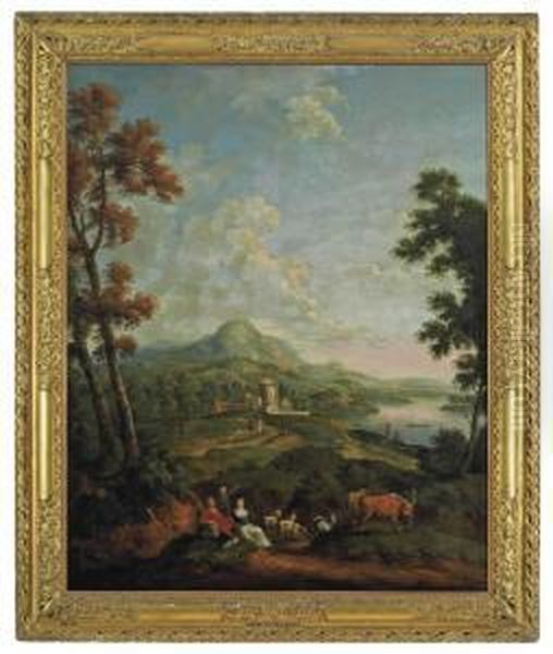 A Mountainous Wooded River Landscape With A Fortified Town In Themiddle Distance Oil Painting by William Van Der Hagen