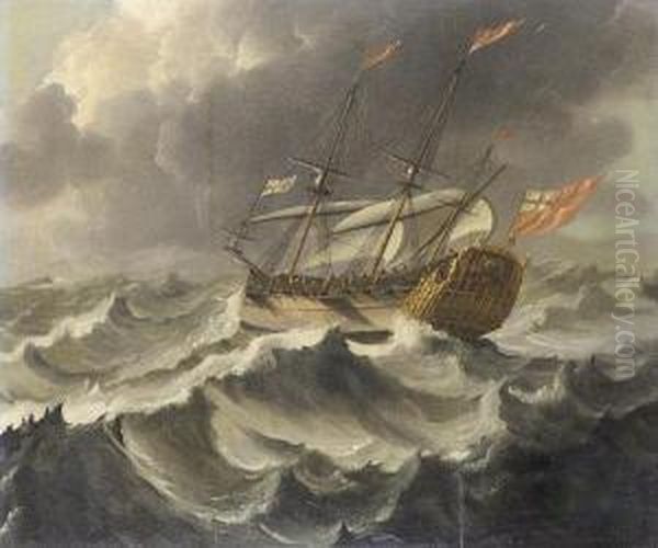 An English Frigate In Stormy Seas Oil Painting by William Van Der Hagen