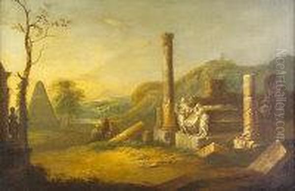 Capriccio Of An Italianate Landscape With Figures Amongst Ancient Ruins Oil Painting by William Van Der Hagen