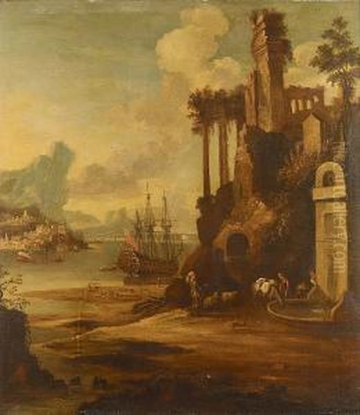 An Italianate Landscape With A Man O'war At Anchor In A Bay Beyond Oil Painting by William Van Der Hagen