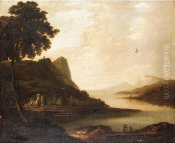 An Extensive Landscape With Figures On The Bank Of A Lake Oil Painting by William Van Der Hagen