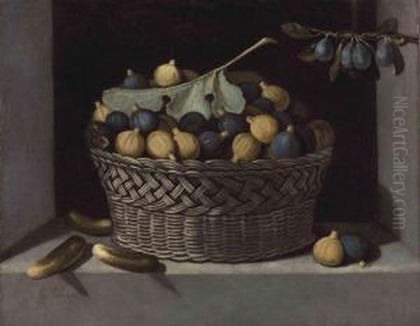 A Basket Filled With Black And White Figs Oil Painting by Juan Van Der Hamen Y Leon