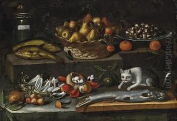 A Basket Of Pears, Oranges, Snails In A Pewter Plate, Fish, Mushrooms And A Cat On A Ledge Oil Painting by Juan Van Der Hamen Y Leon