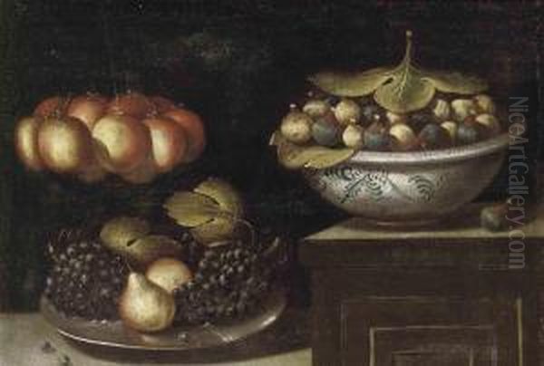 Figs In A Bowl, With Pears And Grapes On A Silver Plate, Peacheshanging From A String Oil Painting by Juan Van Der Hamen Y Leon