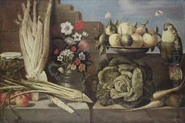 A Pewter Dish Of Lemons With A Vase Of Tulips,anemones And Other Flowers With A Cabbage, Parsnips And Othervegetables Before A Stone Wall Oil Painting by Juan Van Der Hamen Y Leon