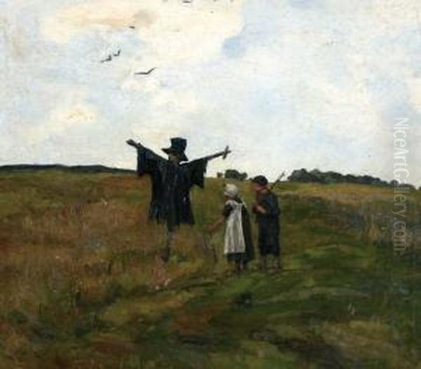 Kinderen Bij Vogelverschrikker In Het Veld Oil Painting by Cornelia Van Der Hart