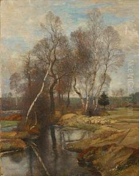 Landschap Met Schapen Aan Het Ven . Oil Painting by Hendrik Van Der Hecht