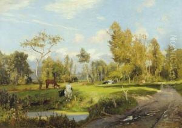 Paysage D'ete Avec Vaches Oil Painting by Hendrik Van Der Hecht