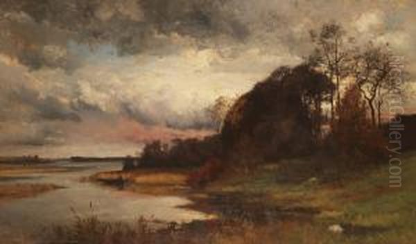 Rivierlandschap Met Visser Aan De Oever Oil Painting by Hendrik Van Der Hecht