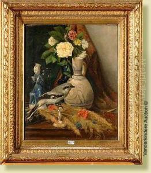 Nature Morte Aux Fleurs Et A L'oiseau Oil Painting by J. Van Der Hecht