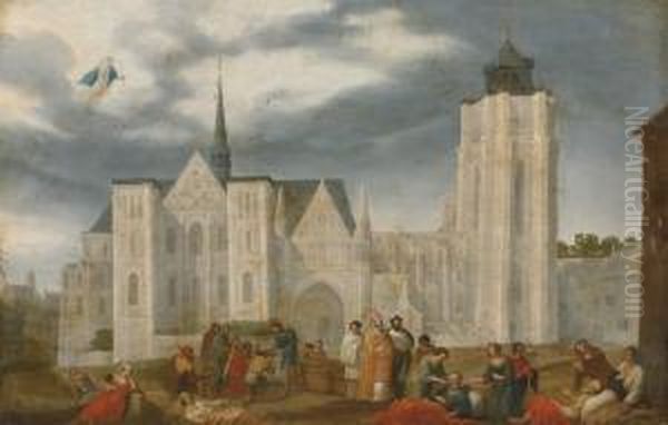 Acts Of Mercy: The Feeding Of The Sick And The Feeding Of The Hungry Before A 'capriccio' Of A Cathedral Oil Painting by Claes Dircksz. Van Der Heck