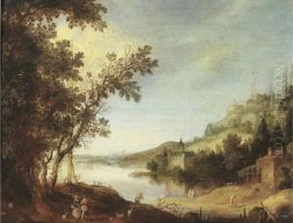 An Extensive River Landscape With Travellers By A Road Oil Painting by Claes Dircksz. Van Der Heck