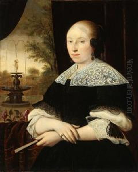 Portrait Of An Elegant Lady Holding Fan And With Distant Garden And Fountain Beyond Oil Painting by Bartholomeus Van Der Helst