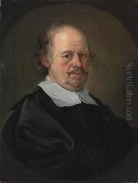 Portrait Of A Gentleman, Bust-length, In A Black Doublet And Mantle, And A Clerical Collar, Feigned Oval Oil Painting by Bartholomeus Van Der Helst