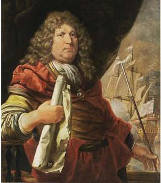 A Portrait Of Vice-admiral Abraham Van Der Hulst (1619-1666), Standing Half Length, Wearing A Grey-lined Yellow Coat With A Red Cloak And White Chemise, Holding A Maritime Map In His Right Hand, And A Baton In His Left Hand, A Man-of-war In The Background Oil Painting by Lodewyck Van Der Helst