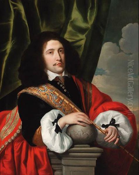 Portrait Of A Civic Guard, Three-quarter-length, In A Black Coatwith A Red Cloak, A Riding Whip In His Left Hand, Leaning On Aledge Oil Painting by Lodewyck Van Der Helst