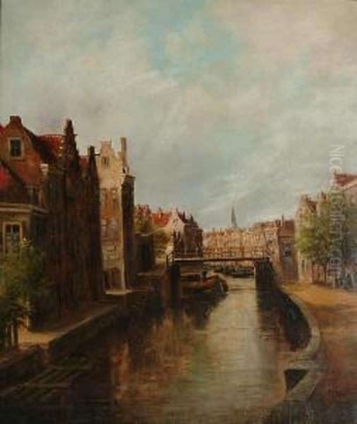 Dutch Canal Scene Oil Painting by Gerard Van Der Heyden