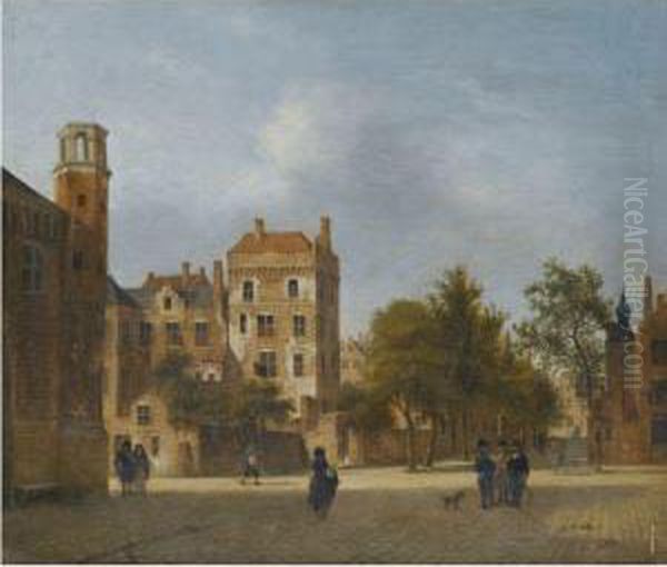 An Imaginary View Of A Town With Elegant Figures Strolling Andconversing On A Square Oil Painting by Jan Van Der Heyden