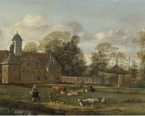 View Of Goudestein With A Woman And Child Walking Beside Adyke Oil Painting by Jan Van Der Heyden