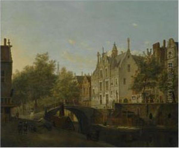 Delft, A View Of The Oude Delft And The Gemeenlandshuis Oil Painting by Jan Van Der Heyden