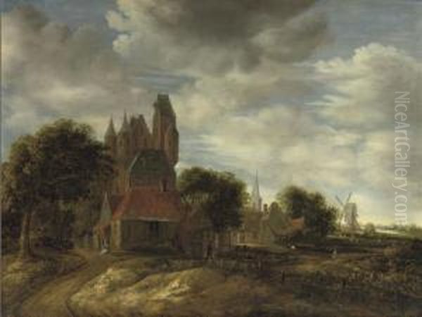 The Outskirts Of A Town With Cottages And A Castle, A Church And Awindmill Beyond Oil Painting by Jan Van Der Heyden