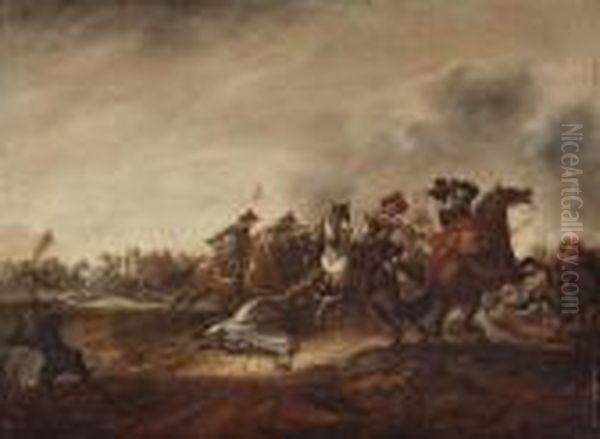 A Cavalry Skirmish Oil Painting by Abraham van der Hoef