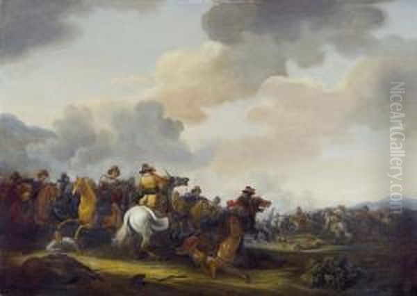 Reitergefecht In Weiter Landschaft Oil Painting by Abraham van der Hoef