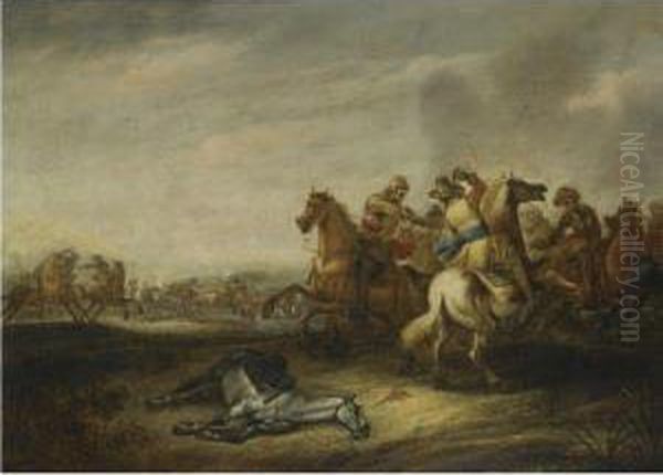 A Cavalry Battle Oil Painting by Abraham van der Hoef