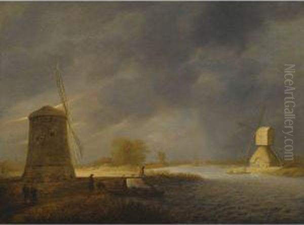 A Landscape With Windmills By A Waterway Oil Painting by Maerten Fransz. Van Der Hulft