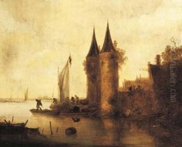 A River Estuary With A Sailing Boat By A Fortified Town Oil Painting by Maerten Fransz. Van Der Hulft