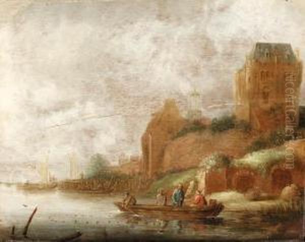 A River Landscape With Fishermen In A Rowboat On A River Oil Painting by Maerten Fransz. Van Der Hulft