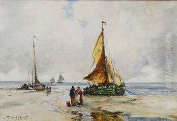 Figures By Beached Fishing Vessels Oil Painting by Pieter I Van Der Hulst