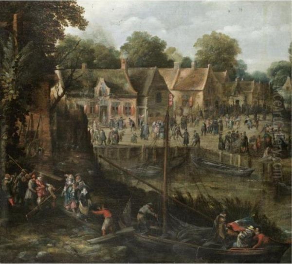 A Village Kermesse With Elegant Figures Entering Boats Oil Painting by Pieter I Van Der Hulst