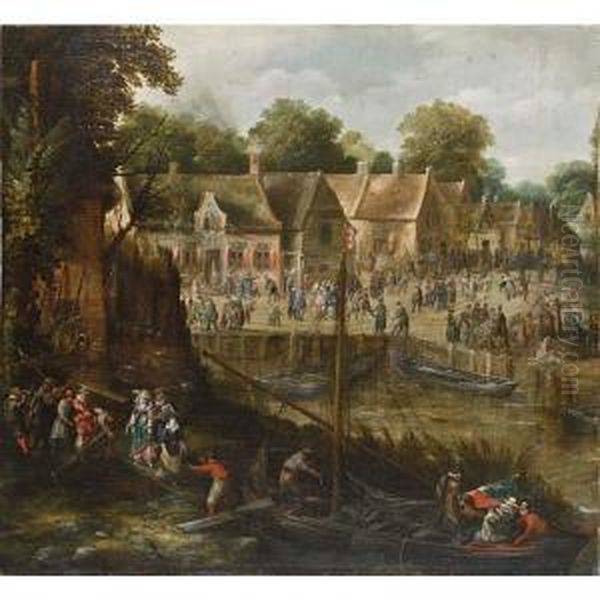 A Village Kermesse With Elegant Figures Entering Boats And Figures Dancing And Playing Games In The Background Oil Painting by Pieter I Van Der Hulst