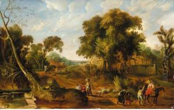 An Extensive Landscape With Many Figures Passing Through A Village Oil Painting by Pieter I Van Der Hulst