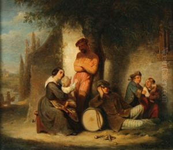 Italian Landscapewith Some Pausing Artists Under A Tree Oil Painting by David Iii Van Der Kellen