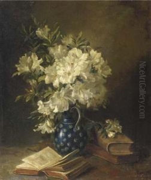 A Still Life With Rhodondendrons In A Jug And Books Oil Painting by Hendrika Wilhelmina Van Der Kellen