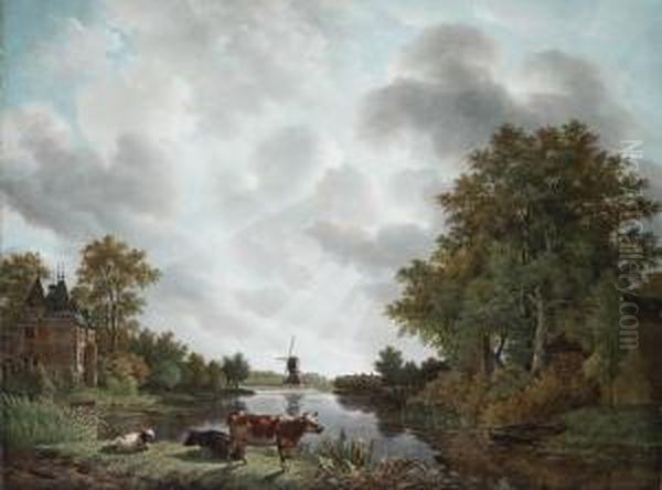 Hollandischeflusslandschaft Mit Schloss, Windmuhle Und Vieh Oil Painting by Adrianus Van Der Koogh