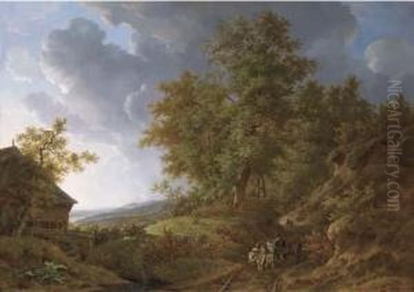 An Extensive Rolling Landscape With Travellers On A Sandy Track By A Watermill Oil Painting by Adrianus Van Der Koogh