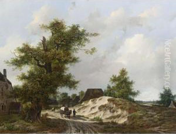 Travellers On A Country Road Oil Painting by Adrianus Van Der Koogh