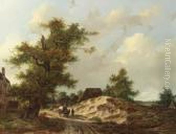 Travellers On A Sandy Track Through A Village In A Woodedlandscape Oil Painting by Adrianus Van Der Koogh