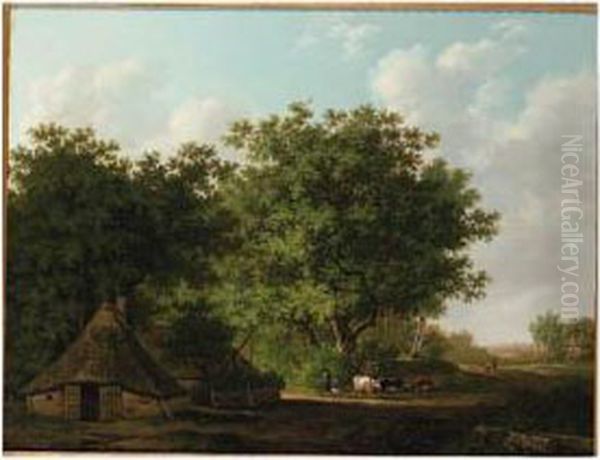 A Wooded Landscape With A Cowherd And Cattle By A Cottage Oil Painting by Adrianus Van Der Koogh