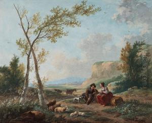 Pastoral Landscape With Shepherd Andshepherdess Oil Painting by Dirk Jan Van Der Laan