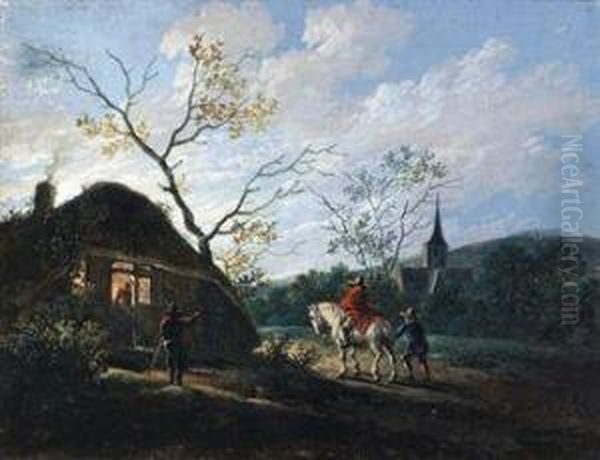 A Dutch Winter Landscape With A Horse-drawn Sleigh On A Frozen River; And Travellers Arriving At An Inn At Dusk Oil Painting by Dirk Jan Van Der Laan