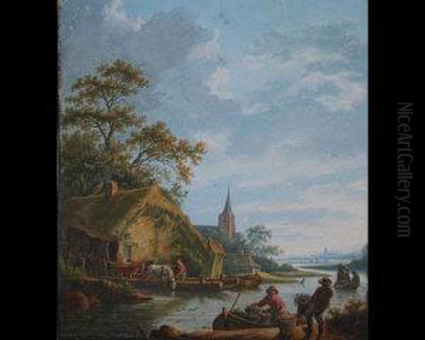 Fruit And Flower Merchants Loading Their Boat Oil Painting by Dirk Jan Van Der Laan