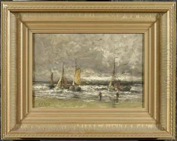 Fishermen On The Coast With Sailing Boats On The Sea Oil Painting by Gerard Van Der Laan