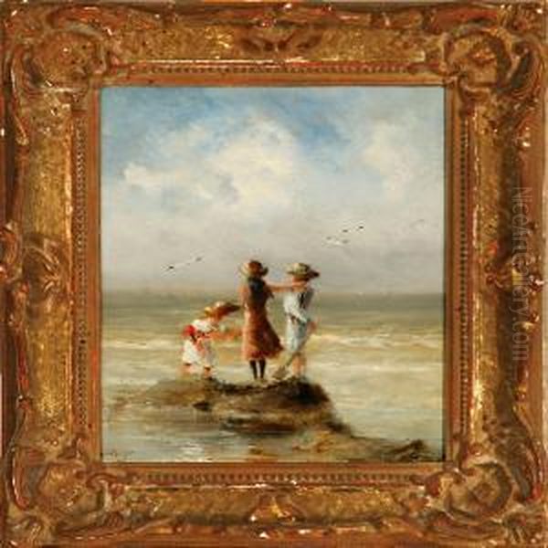 Coastal Scenes With Playing Children On The Beach Oil Painting by Gerard Van Der Laan